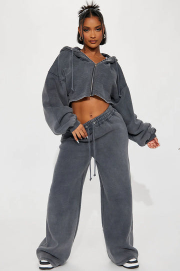 On The Go Fleece Pant Set - Charcoal