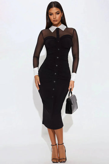 She Means Business Mesh Shirt Midi Dress - Black