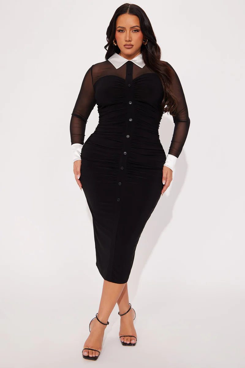 She Means Business Mesh Shirt Midi Dress - Black