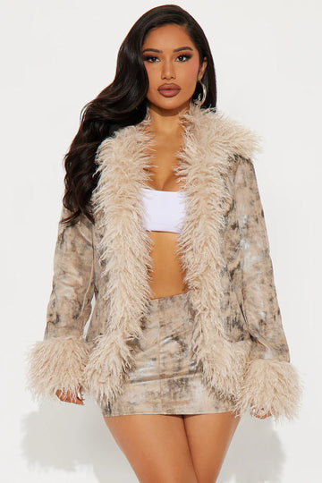 She's Fabulous Fur Trim Faux Suede Skirt Set - Taupe/combo