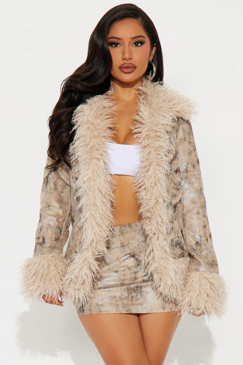She's Fabulous Fur Trim Faux Suede Skirt Set - Taupe/combo
