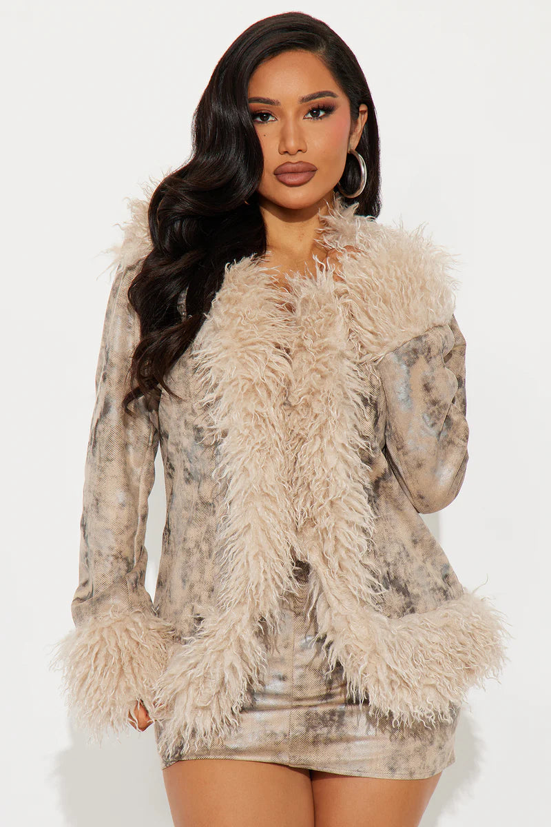 She's Fabulous Fur Trim Faux Suede Skirt Set - Taupe/combo