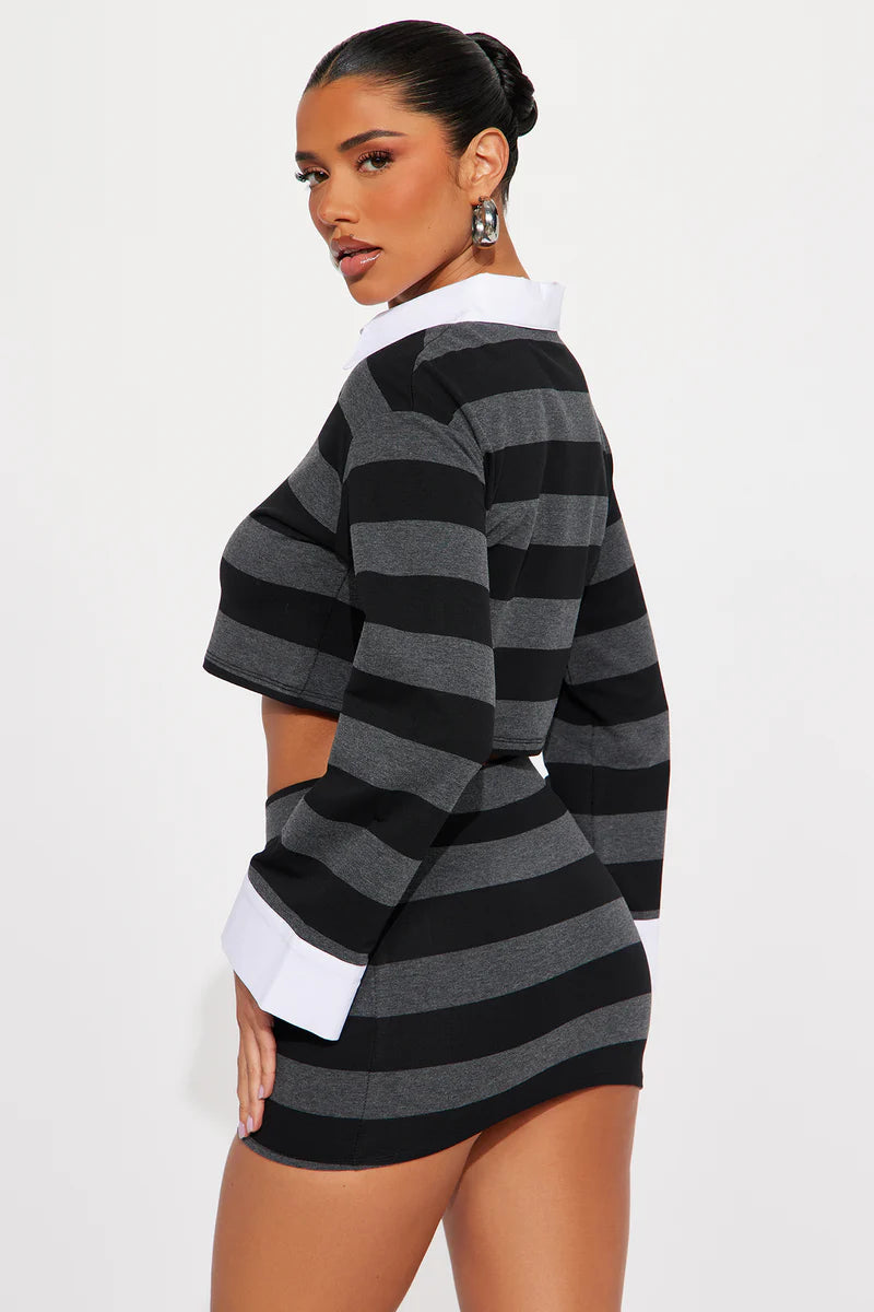 Lindsay Striped Polo Long Sleeve Skirt Set - Black