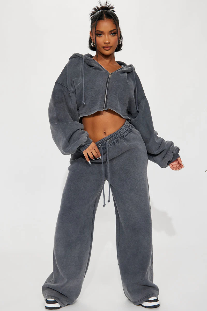 On The Go Fleece Pant Set - Charcoal