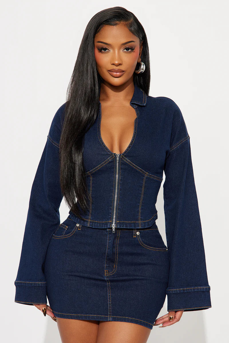 Denim Daze Jacket Mini Skirt Set - Dark Wash