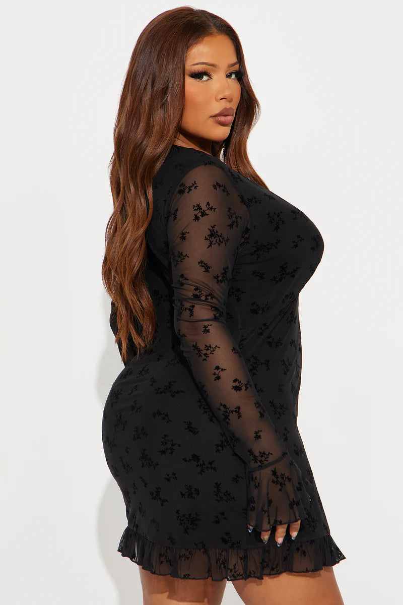 Juliet Flocked Long Sleeve Mini Dress - Black