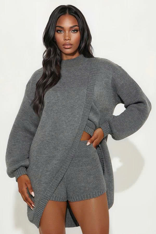 Skip The Line Sweater Short Set - Charcoal