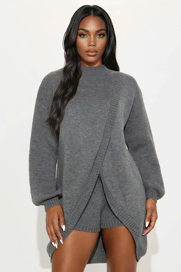 Skip The Line Sweater Short Set - Charcoal